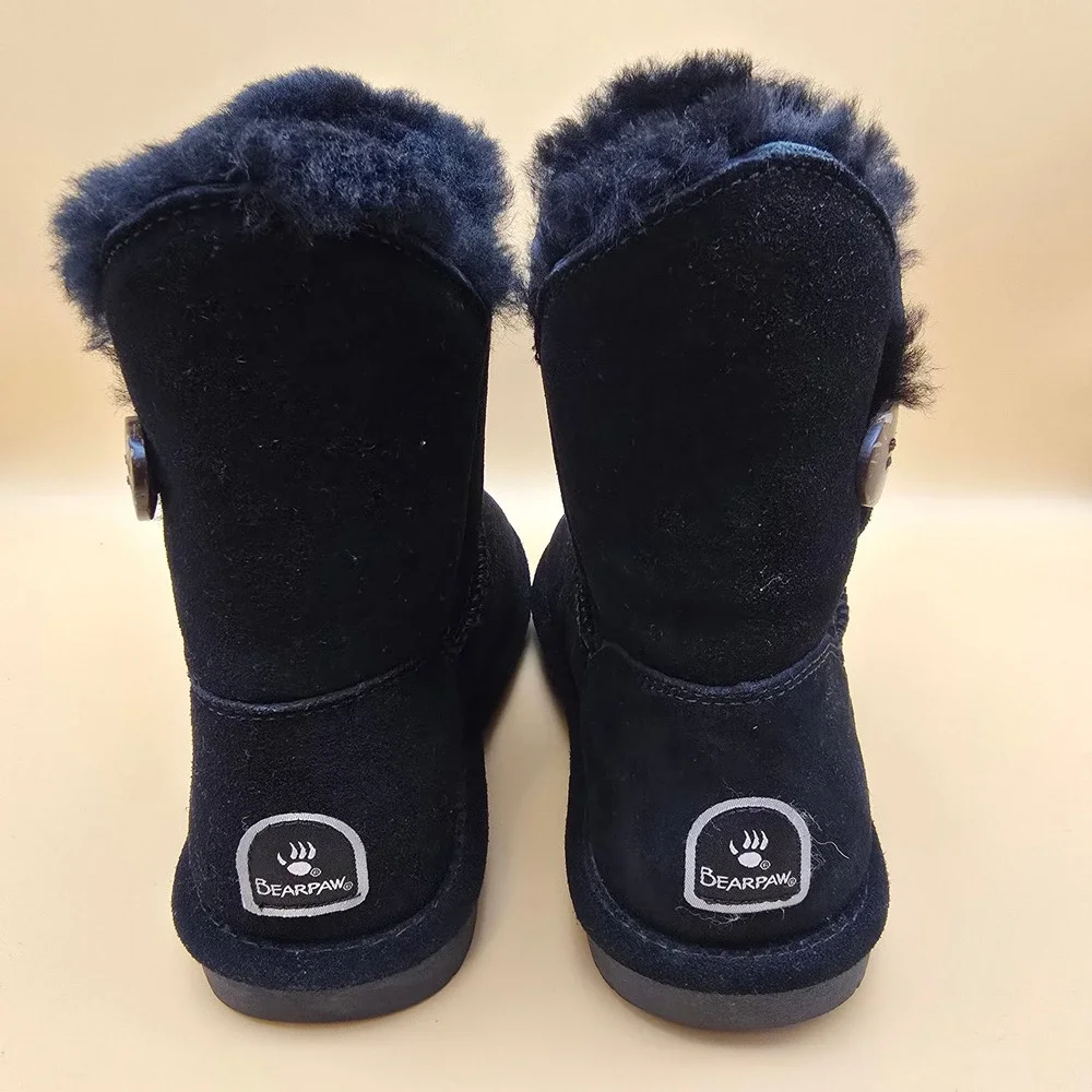 Bearpaw Rosie Black Suede Sheepskin Wool Fur Button Boots 1653W Womens 9